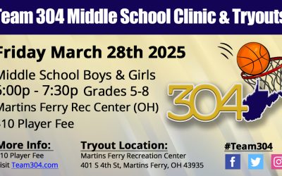 Team 304 Middle School Clinic & Tryouts March 28, 2025, from 6 to 7:30 PM at Martins Ferry Rec Center – PRE REGISTRATION IS NOW LIVE